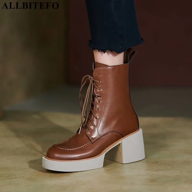 

ALLBITEFO Size 34-41 Cross Tied Fashion Comfortable Genuine Leather Women Boots Thick Bottom Platform Winter Shoes Ankle Boots