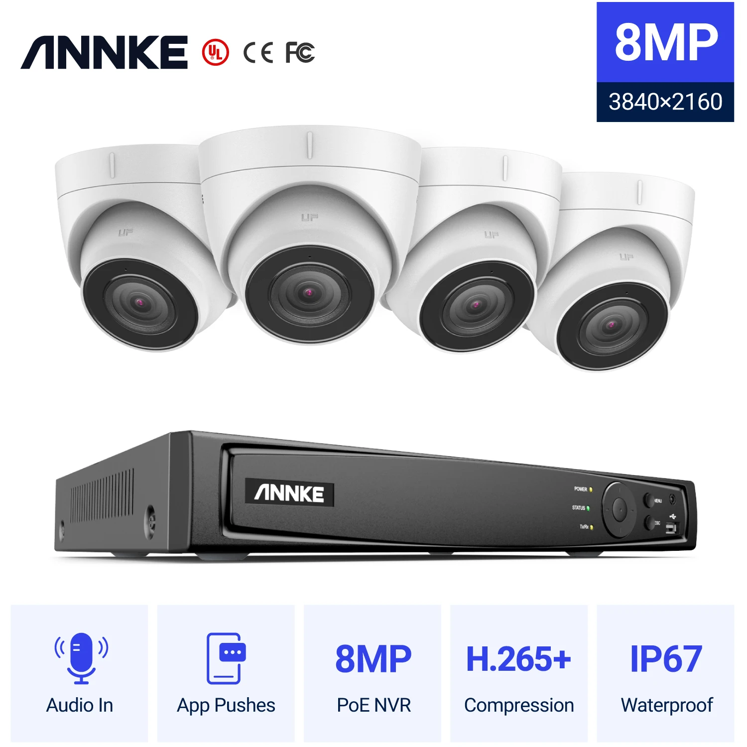 Система видеонаблюдения ANNKE 4K Ultra HD POE 8 канальный сетевой видеорегистратор с 4