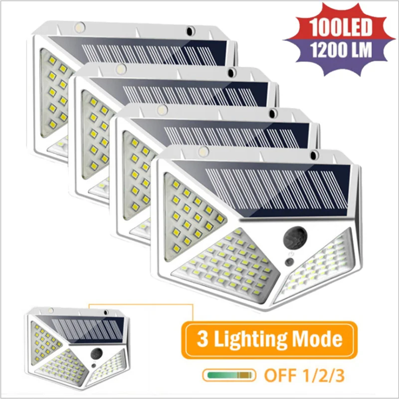 

Светодиодный уличный светильник на солнечной батарее, 100 светодиодов, водонепроницаемый уличный светильник с пассивным ИК датчиком движен...