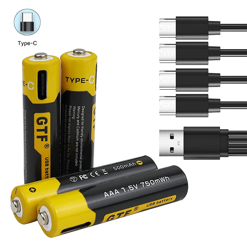 USB Type-C Charging AAA battery 1.5V 500mah 750 mWh Lithium ion Battery 4 in 1 Type C Charg Cable LED Indicator | Электроника