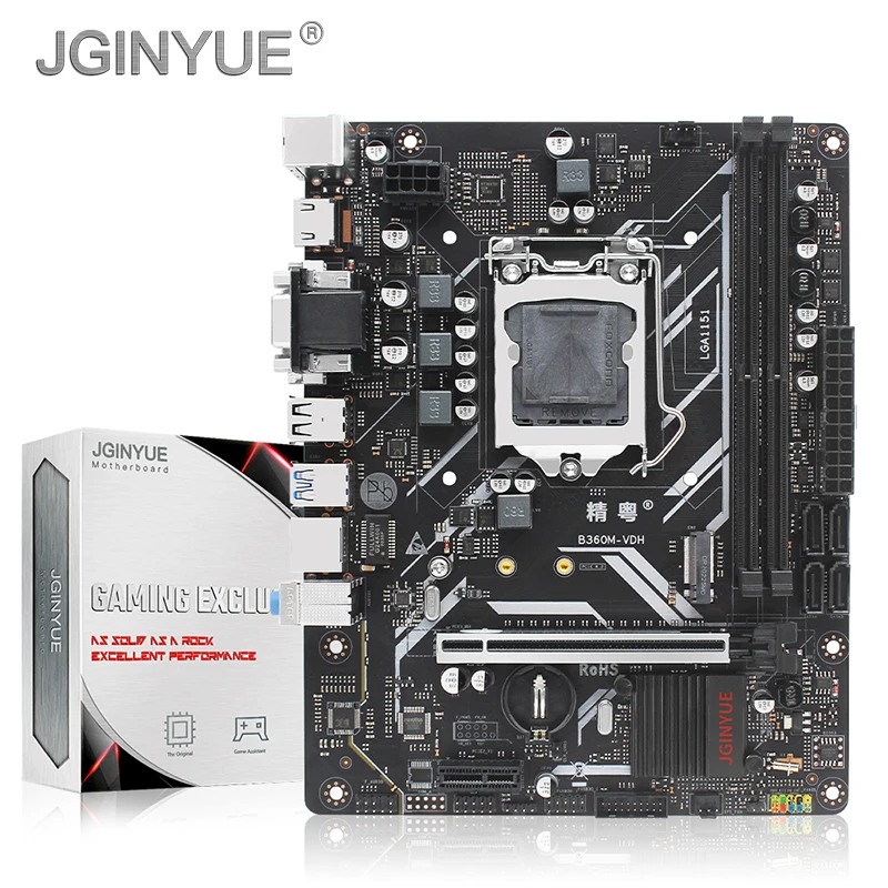 

JGINYUE B360 материнская плата LGA 1151 Поддержка процессоров Intel Core i3/i5/i7 8th/9th процессор DDR4 объемом до 32 GB памяти M.2 NVME USB3.0 MATX B360M-VDH