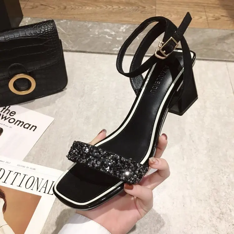 

Fashion Womens Shoes 2021 Female Sandal Block Heels Bling Bling Luxury Girls New Velvet Chunky Clear Beige Comfort High Bright