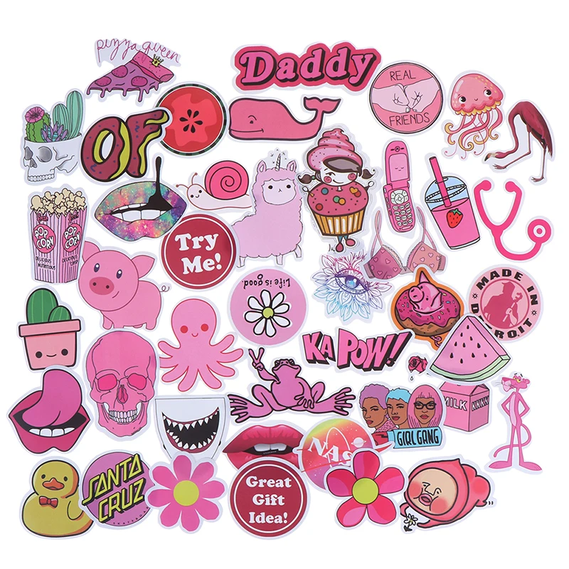 

50Pcs PVC Waterproof Girls Kawaii Pink Fun Sticker Toys Luggage Stickers for Motor Car & Suitcase Fashion Laptop Decals Stickers