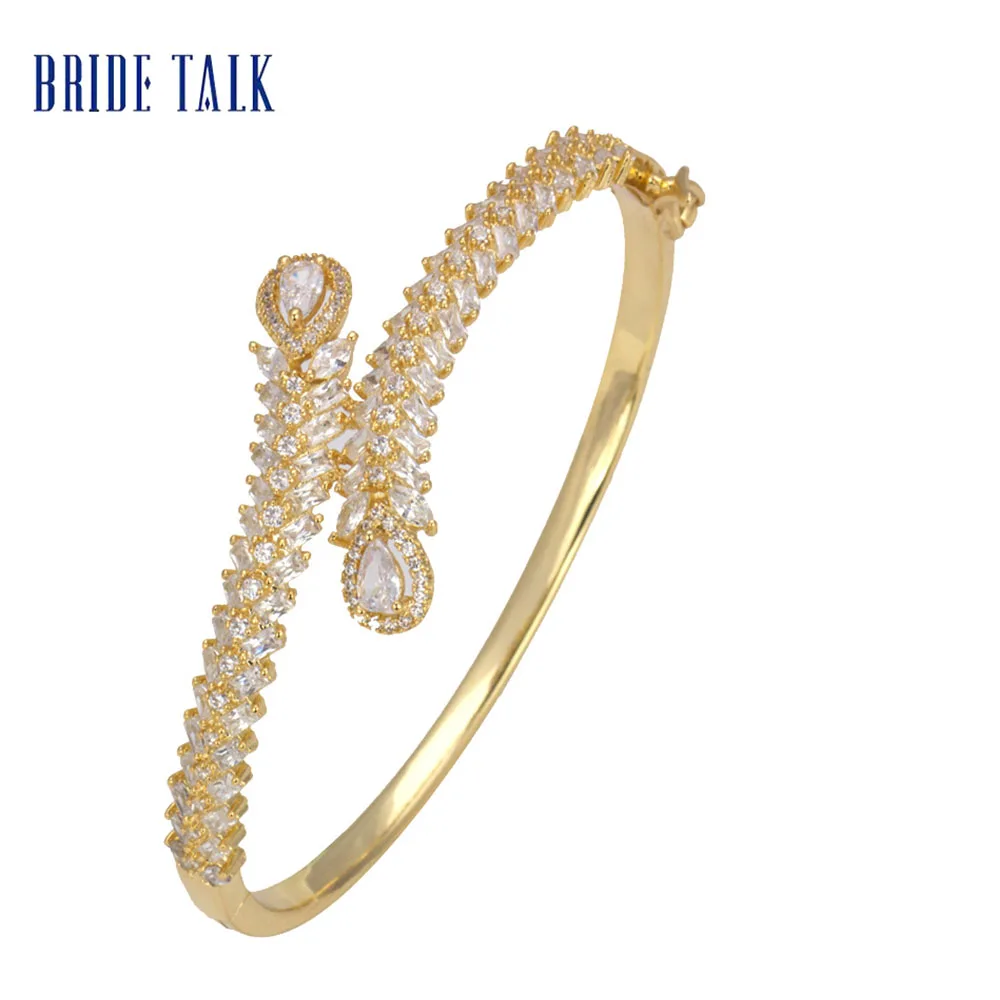 gold color bangle Изысканные циркониевые браслеты для невесты, свадебные ювелирные кристаллы, наборы колец для женщин - Окраска металла: gold color bangle