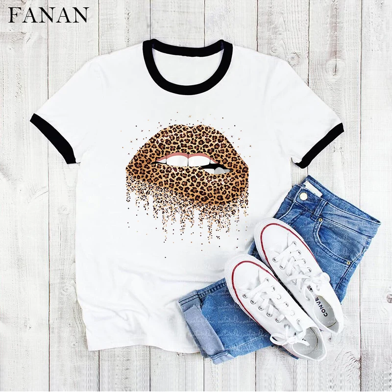 Женская футболка с леопардовым принтом губы и поцелуй забавная женская в стиле