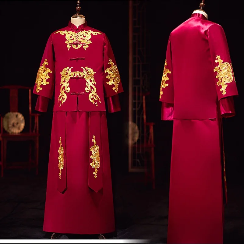 

Традиционная китайская вышивка, Свадебный халат для жениха, модель 2XL, одежда Hanfu, воротник-стойка, Свадебный костюм Тан