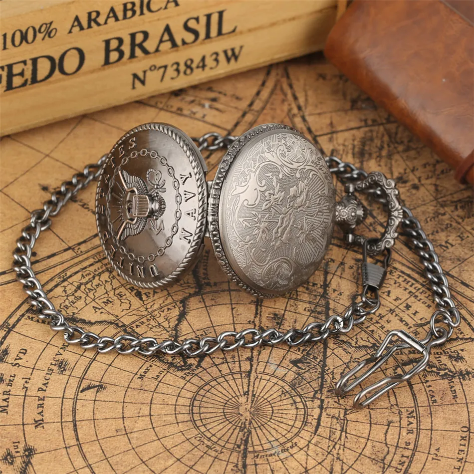 

Antique Grey Black United States Navy Symbol Pendant Pocket Watches Vintage Necklace Fob Chain Pocket Clock Collection Gifts