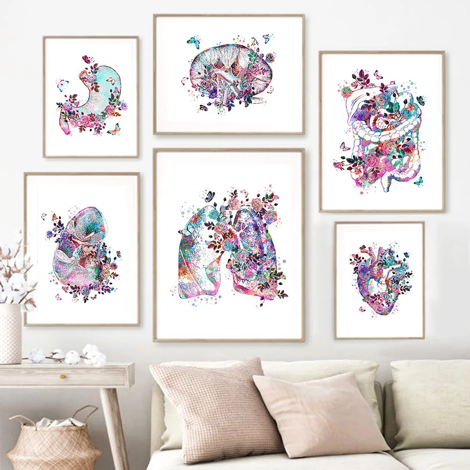 

Heart Brain Liver Lung Spine Sternum Skull Flower Anatomy Wall Art Canvas Painting Posters Wall Pictures For Doctor Office Decor