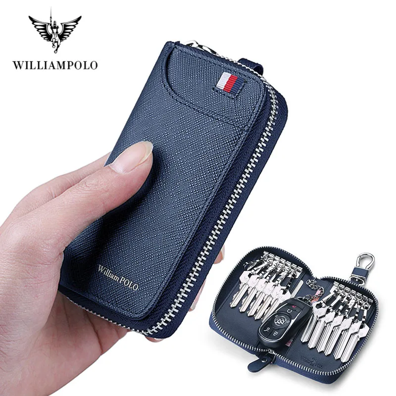 

WILLIAMPOLO Genuine Leather Keychain Men Key Holder Organizer Pouch Cow Split Car Key Wallet Housekeeper Key Case Mini Card Bag