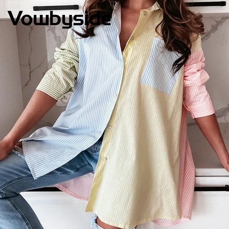 

Разноцветная полосатая рубашка с длинным рукавом, женские повседневные Рубашки, Топы