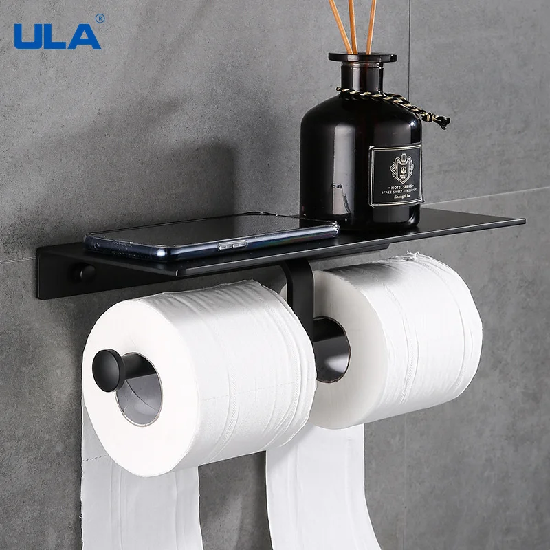ula matte black double paper holder wall mounted tissue hanger phone rack toilet shelf space bath accessories rack organizer free global shipping