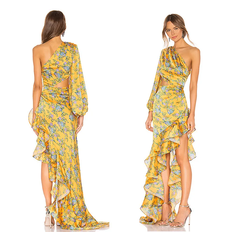 Платье с одним рукавом асимметричное Асимметричное принтом длиной до щиколотки