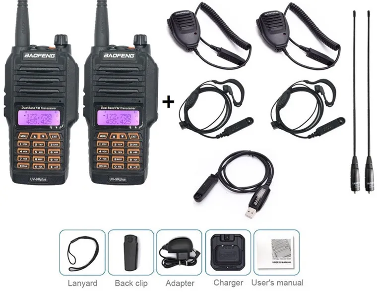 2 шт. BAOFENG UV-9R PLUS 10 Вт Высокая мощность портативная рация Водонепроницаемый VHF UHF Ham CB радио приемопередатчик сканер двухстороннее радио Охотник - Цвет: add 4 accessories