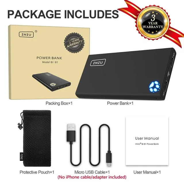 Black INIU 10000 мАч а внешний аккумулятор, два USB, портативное зарядное устройство, внешний аккумулятор для iPhone Xiaomi Mi телефона, внешний аккумулятор - Цвет: Black