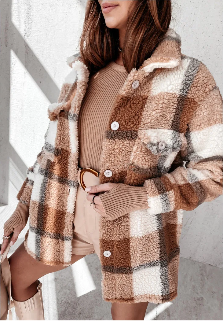 Women Winter Fuzzy Jacket Adults Button-down Long Sleeve Lapel Plaid Cardigan with Pockets Warm Soft Stylish cardigan images - 6