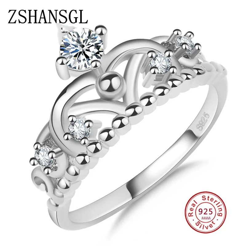 Модное кольцо на палец в виде короны принцессы из серебра 925 пробы с цирконом