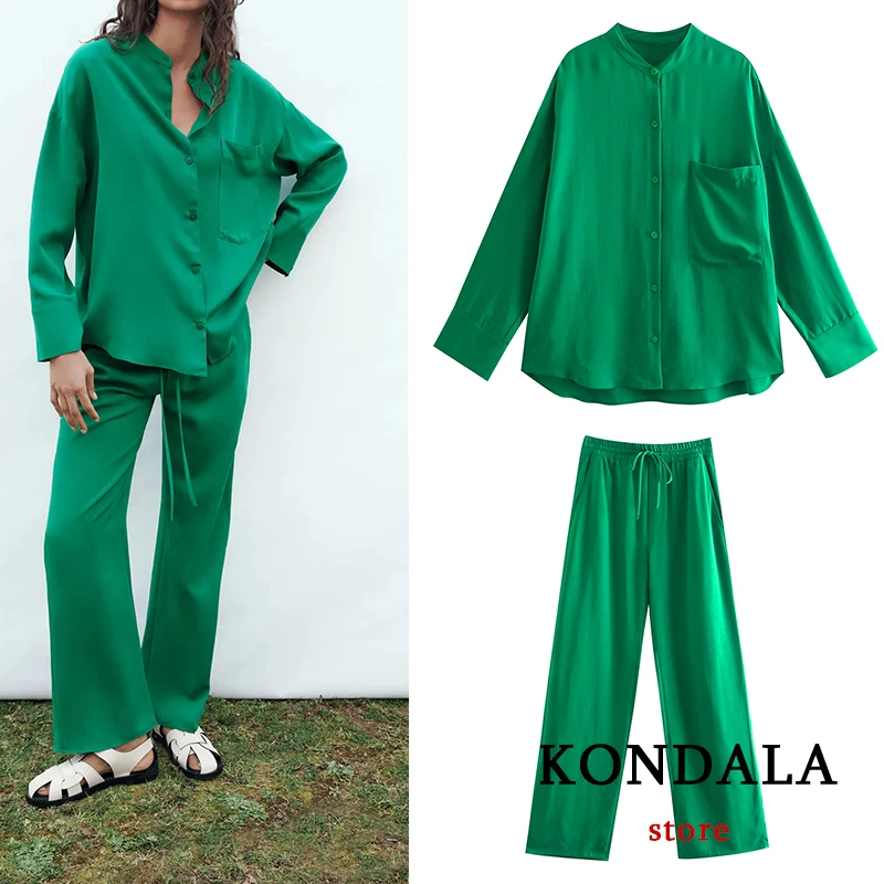 

KONDALA Za 2021 Women Oversized Long Chic Green Shirts and High Waist Elastic Wide Leg Pants High Street Women Sets Stylish Suit