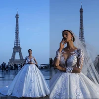 luxury ivory lace wedding dresses ball gown satin sheer long sleeves illusion back bridal court train dubai a