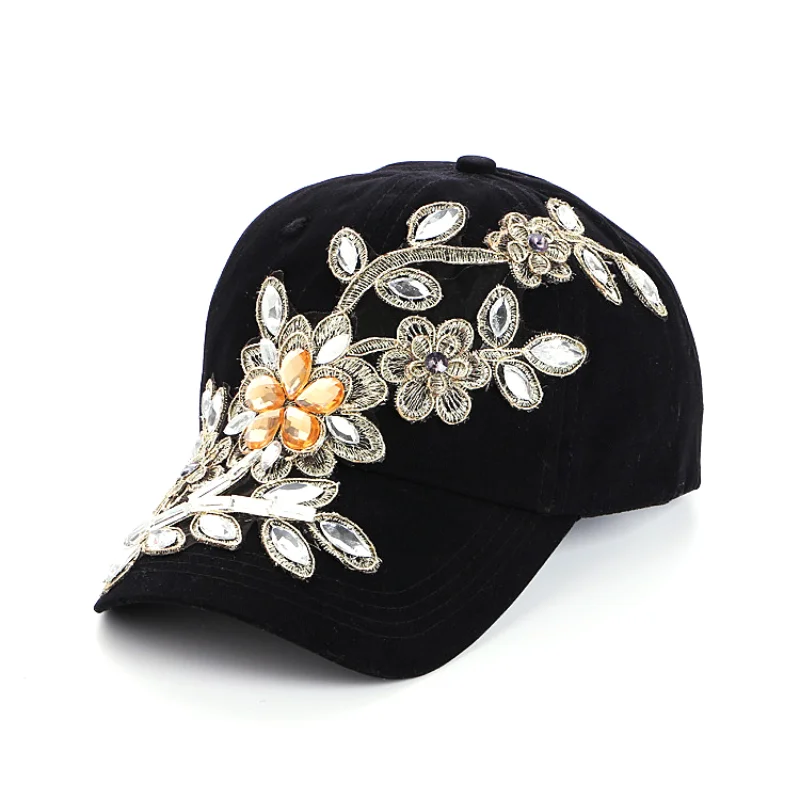 

2021 New Style Summer Delicate Women Diamond Flower Baseball Cap Snapback Style Lady Jeans Hats Hot SellingGorras wholesale