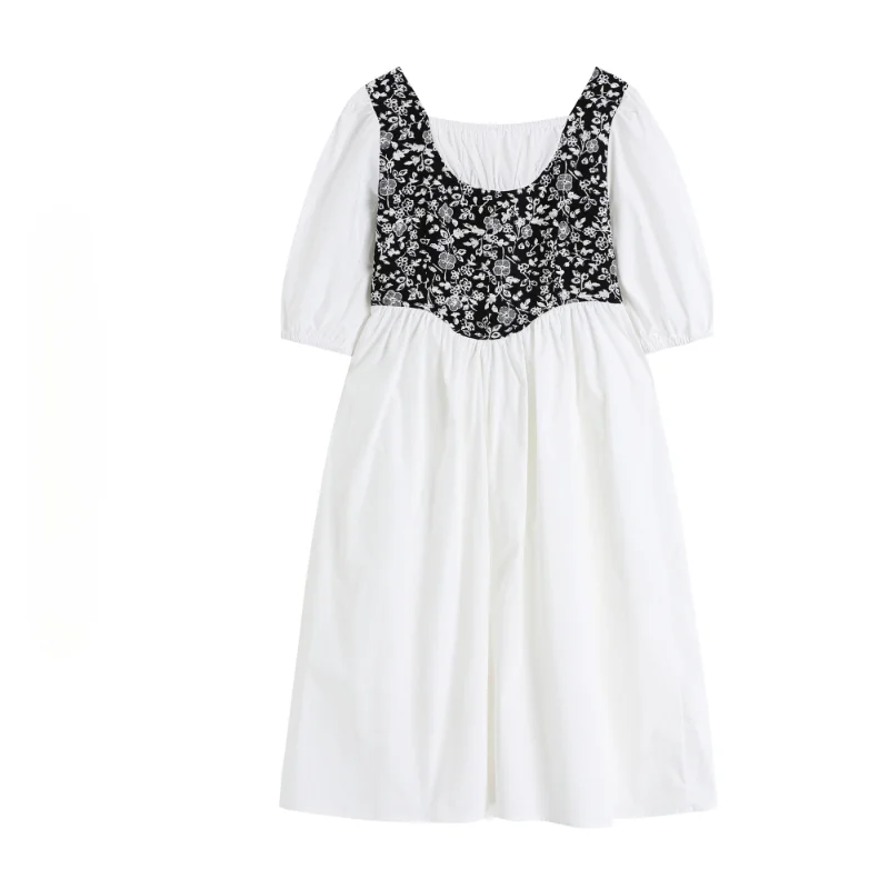 

Retro Print Patchwork Square Neck Dress Summer New Japan Style High Waist A-line Mid-length Vestidos Simple Sweet Cute Robe