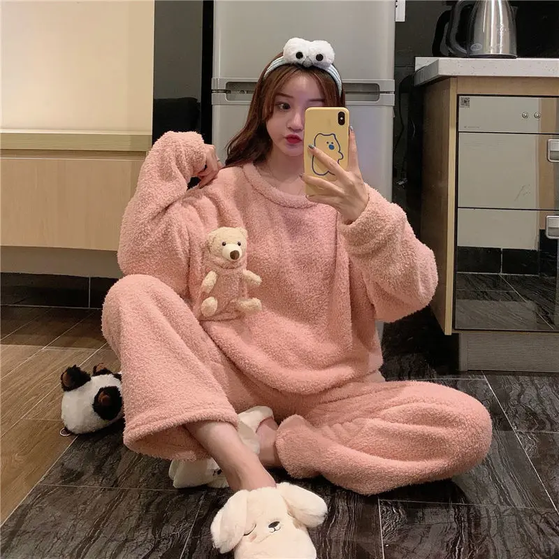 QWEEK Women Pajamas Solid Color Pocket with Bear Pijamas Warm Flannel Pyjamas Winter Home Clothes Kawaii Panda Embroidery Autumn