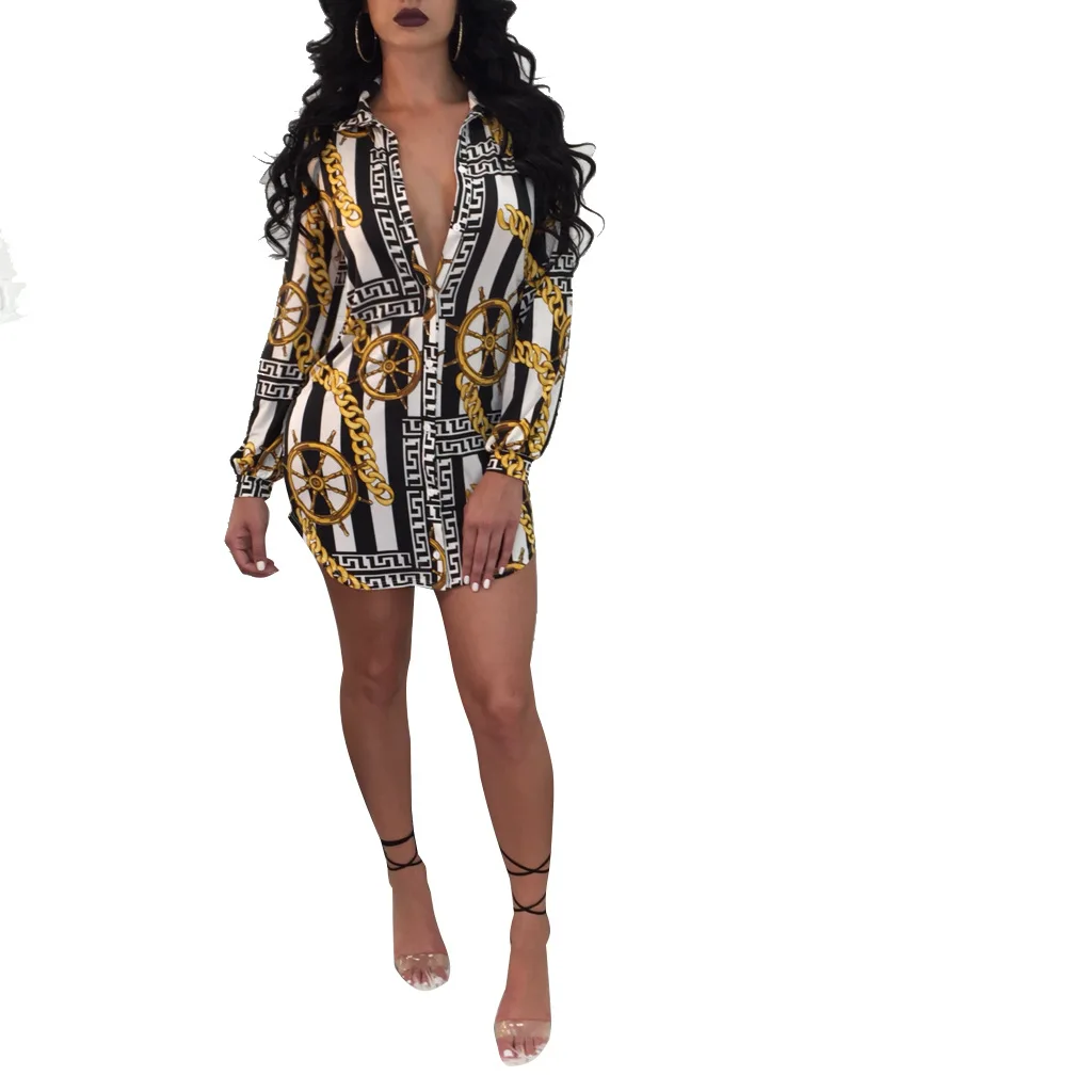 

Ladies Lapel Buttoned Long Sleeve Printed Shirt Dress