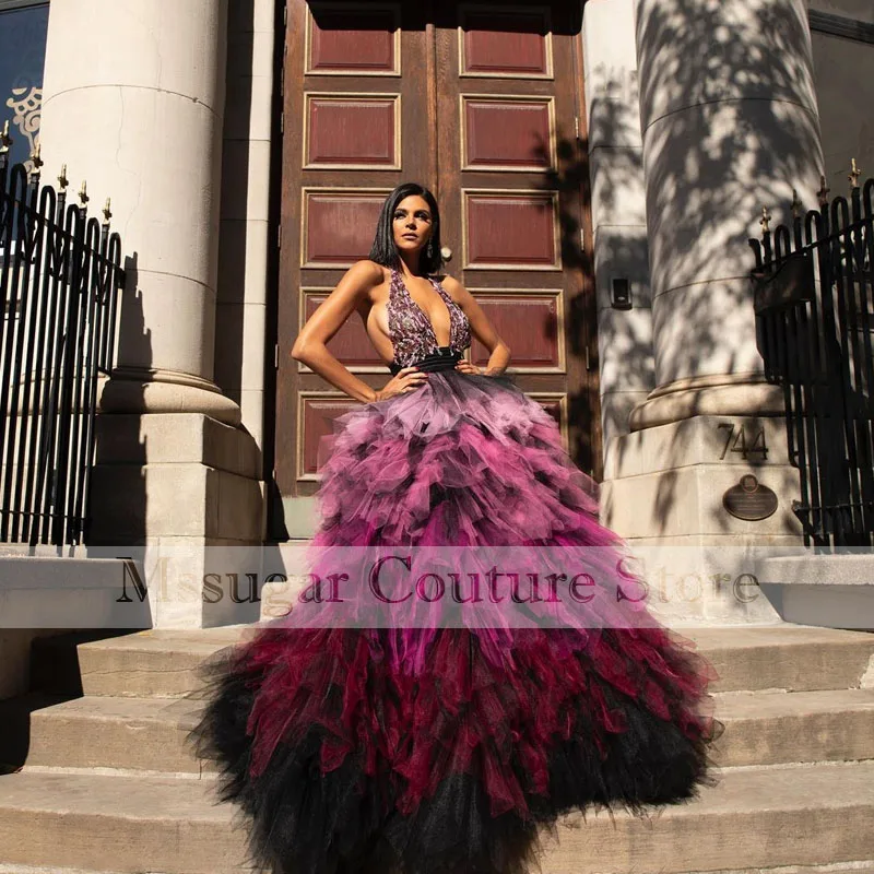 

2021 Sequins Prom Dresses Gradient Tulle V-neck Backless Celebrity Gowns Bestidos D Fiestas Largos