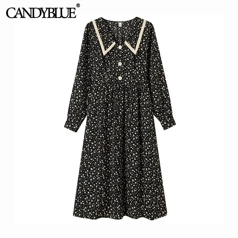 

Single-breasted chiffon floral dress 2022 spring new fashion French doll collar long sleeve knee-length printed dress women
