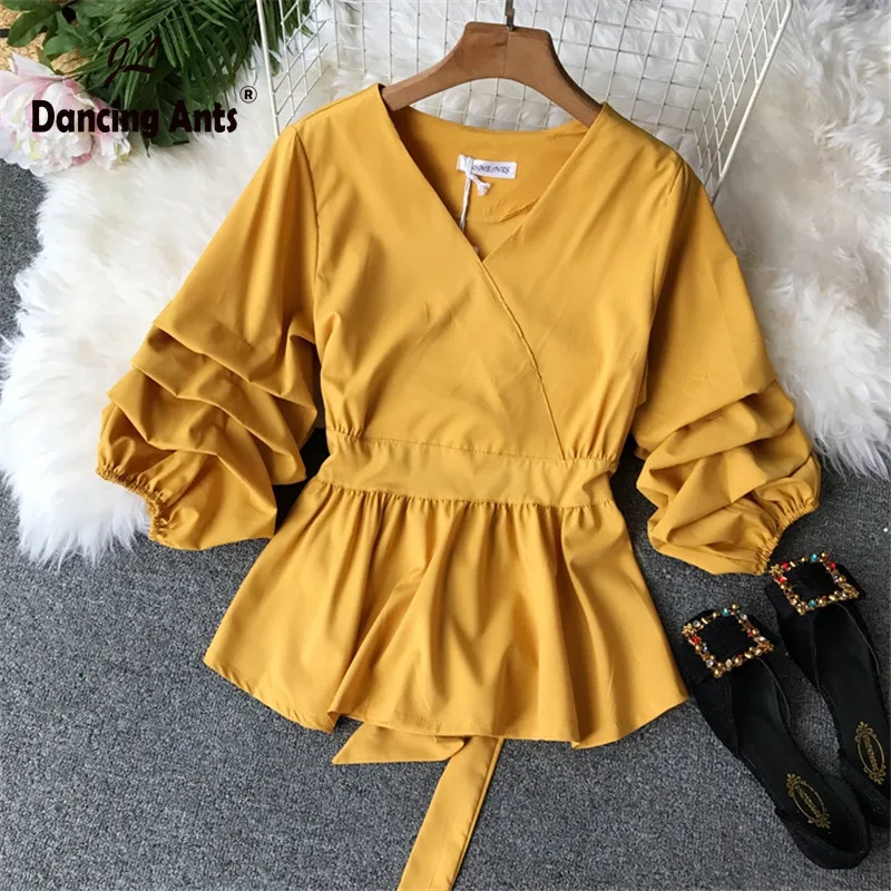 Блузка женская плиссированная с рукавом 2020 и V образным вырезом|Блузки| |