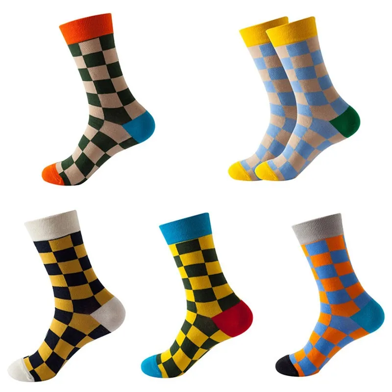 

New Women's Men's Socks Plaid Striped Socks Comfortable Patchwork Color Retro Happy Socks Spring Summer Cotton Socks Meia