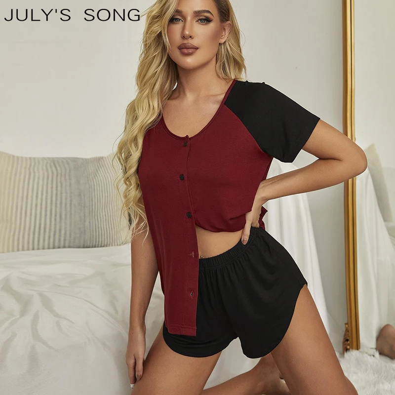 

JULY'S SONG 2 Pieces Women Pajamas Set Patchwork Short Sleeve Shorts Sleepwear Viscose Casual Pyjamas Summer Female Loungewear