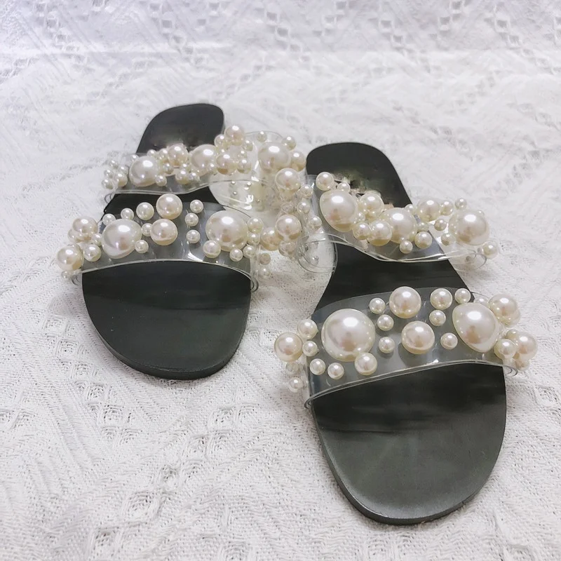 

2021 Summer New Women's Shoes with Pearl Inlay Flat Open-toed Low-heeled Sandals with All-match Women's Shoes Slippers