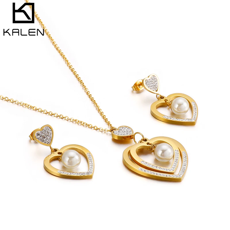 

KALEN Bohemia Zircon Pearl Double Heart Pendant Necklaces Drop Earrings Sets For Women Gold Color Stainless Steel Jewelry Sets
