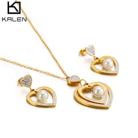 kalen bohemia zircon pearl double heart pendant necklaces drop earrings sets for women gold color stainless steel jewelry sets