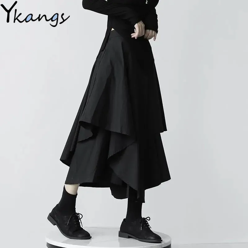 Japanese Gothic Irregular High-Waist Pleated Skirt Women Black Harajuku Punk Cargo Skirt 2021 Summer Vintage Clothing Long Saia