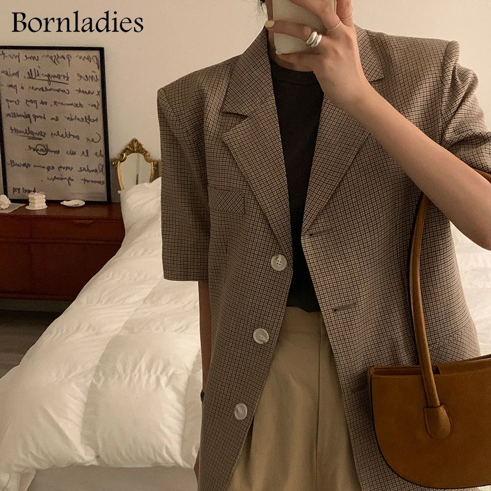 

Bornladies 2021 Summer Korean Jacket Female Suits Coat Office Ladies Notched Collar Plaid Women Blazer Single Breasted Jackets
