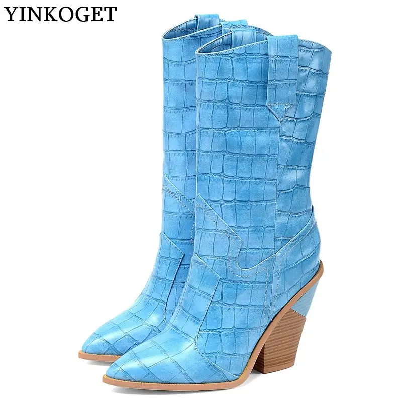 YINKOGET/пикантные женские ботинки из микрофибры на Высоком толстом каблуке Модные