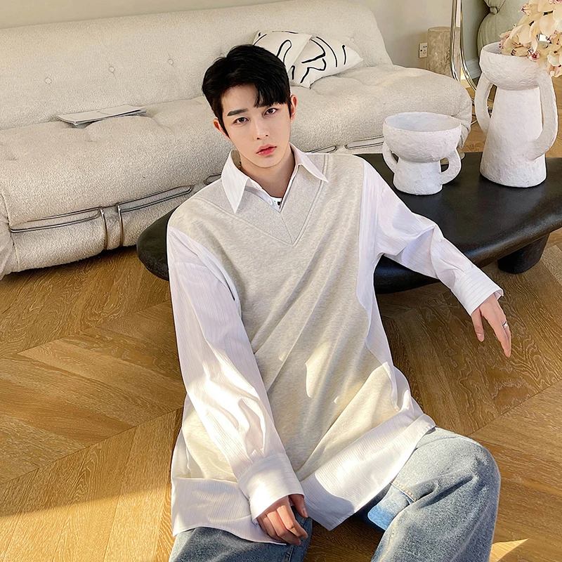 

New Men's Loose Patchwork Stripe Shirt Long Sleeve Pullover Sweatshirt Harajuku Korean Streetwear Long Sweatshirt for Man