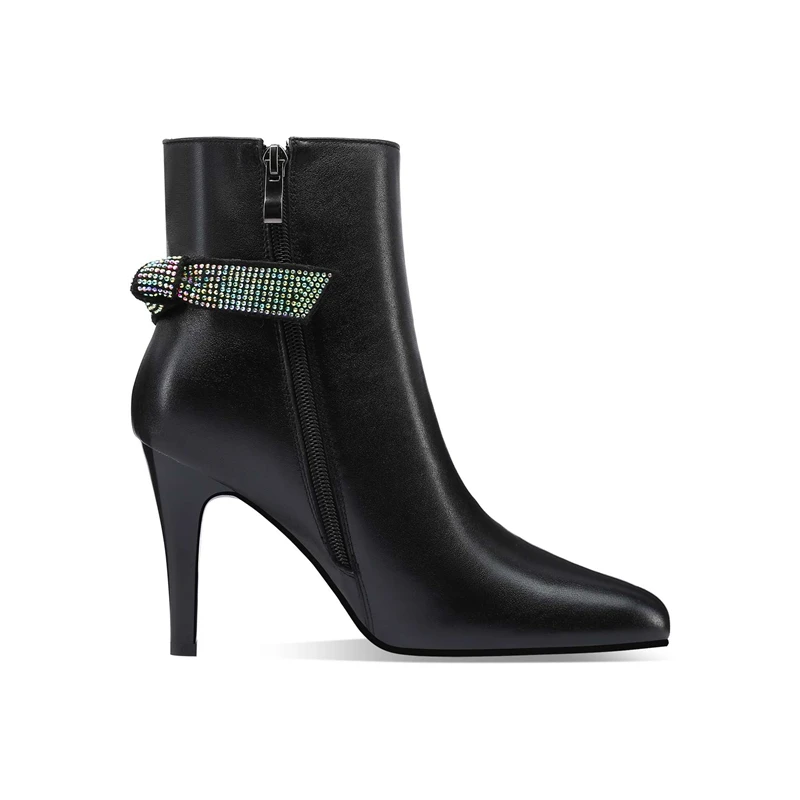 

Krazing pot genuine leather pointed toe thin super high heel winter shoes French romantic rhinestone bowtie cozy ankle boots L53