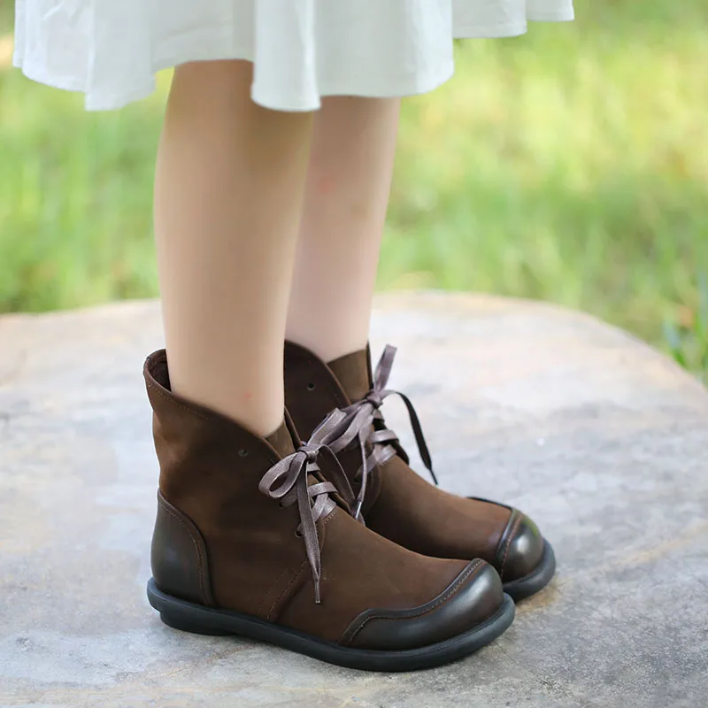 

Female 2019 Autumn Winter New Casual Retro Flat Boots Women's Cowhide Leather Booties Ladies Short Plush Warm Ankle Boots