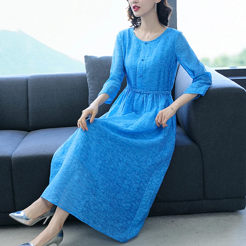 

Autumn Casual Vintage Blue Cotton Linen Midi Dresses 2022 Winter Solid Dress Women Elegant Bodycon Party Evening Vestidos