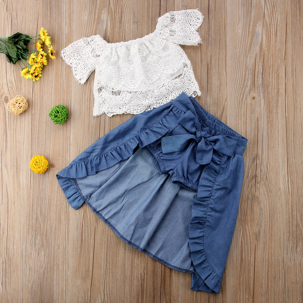 

Pudcoco 3Pcs/Set Kids Baby Girl Lace Off-shoulder Solid Color T-shirt Tops+Short Pants+Skirt Clothes Outfits Summer