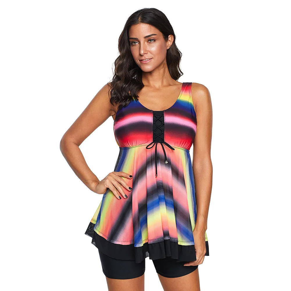 LOUIS JASON Split Swimsuit Conservative Cover Belly Thin Multi-color Printing Big Size Four-corner Swimwear Women Bikini Mujer | Женская