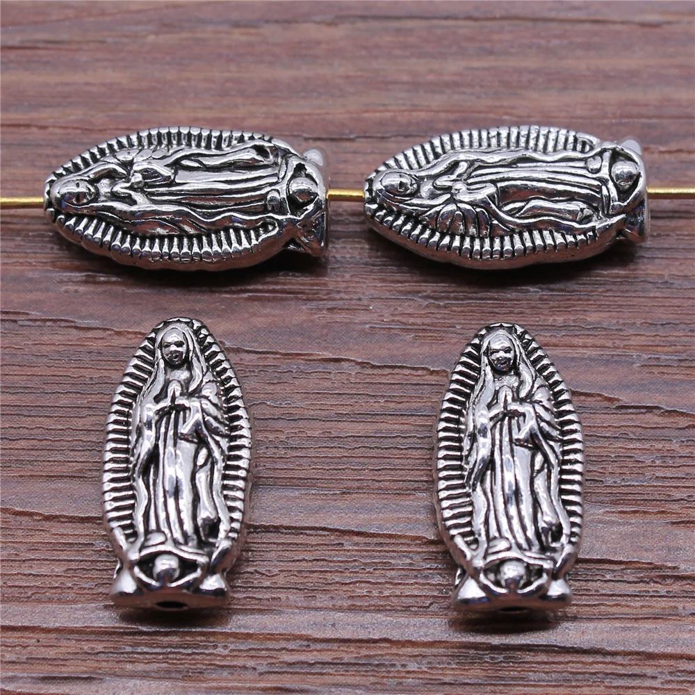 

WYSIWYG 4pcs Double Sided Virgin Mary Beads Charms Jewelry Accessories Antique Silver Color 10x19mm For Jewelry Making