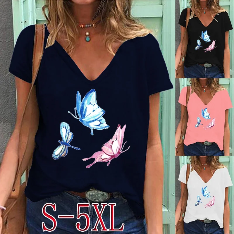

Summer Fashion Women's Clothing Butterflies Printed Casual V-neck T-shirt Short Sleeve Solid Color Tops Ladies Plus Size Blouse