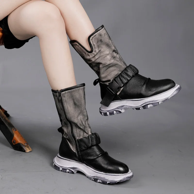 

Birkuir Genuine Leather Women Long Boots Sock Boots Mid Heel Sports Sneakers Mid-Calf ZIP Women Shoes Leisure Ladies Boots