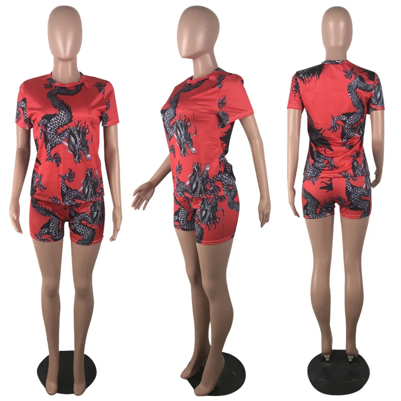 

Women 2 Piece Summer Sets Fashion Dragon Print Wholesale Clothing Women Set Two Piece Shorts and Top Set Womens Casual Outfit