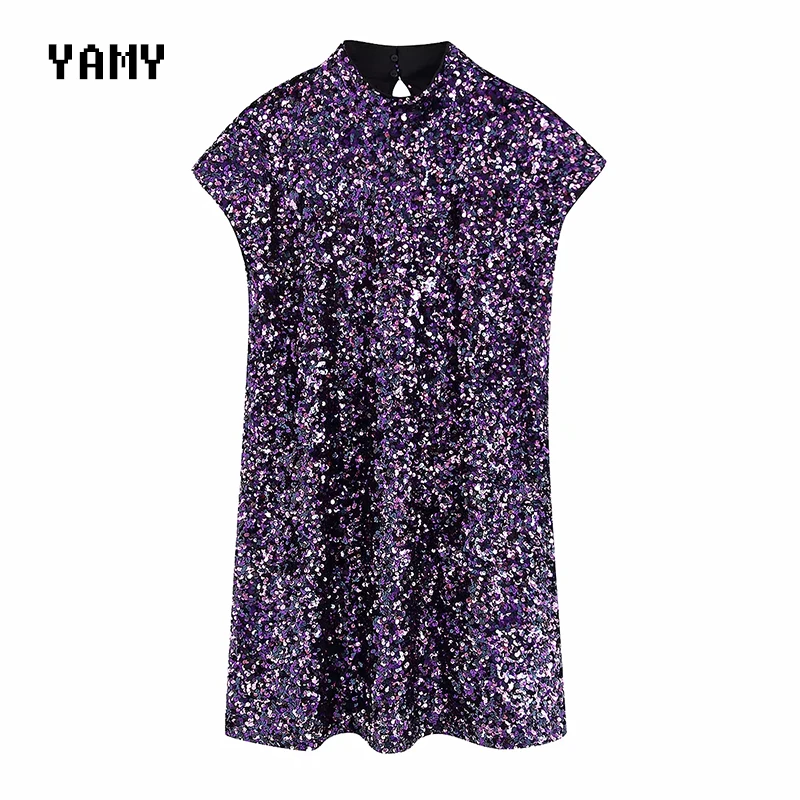 Новое Фиолетовое Женское платье с коротким рукавом блестками прямое