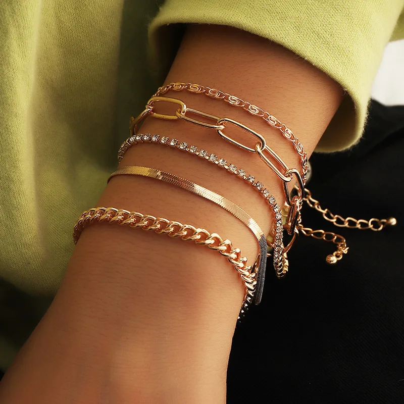 

5PCS/Set Gold Color Link Chain Charm Crystals CZ Bracelets for Women Braclets Girls Punk New Wristband Fashion Bracelets Woman