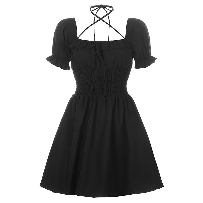 

Dark Academia Goth Black Dress Women 2021 Gothic Puff Sleeve Ruched Mini Dress Vintage Square Collar Bandage Party Robe
